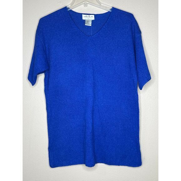 Natalie & Me NWT VTG Royal Blue Silk blend knit short Sleeve‎ Sweater Top Cozy L - Picture 1 of 6